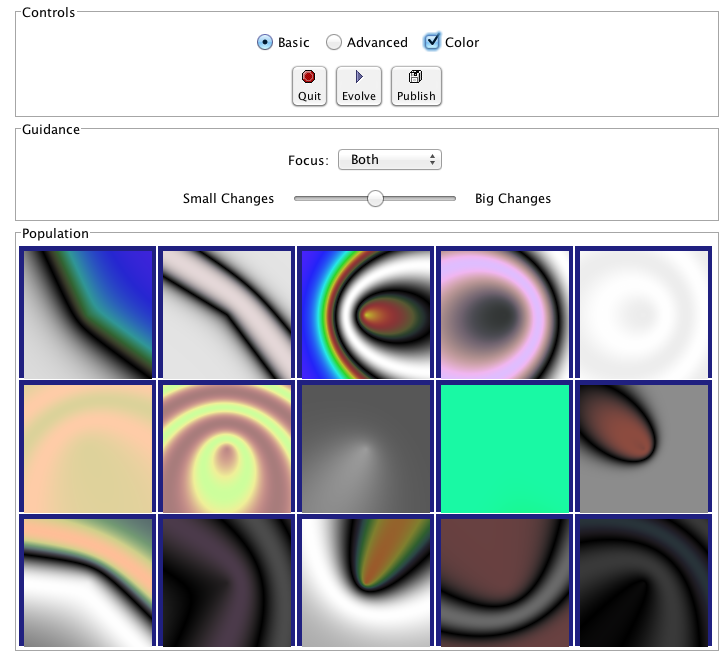 The PicBreeder web interface and some examples of early starting points for images